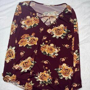 A. Gain soft and comfy Burgundy floral with yellow LS long blouse top. XL